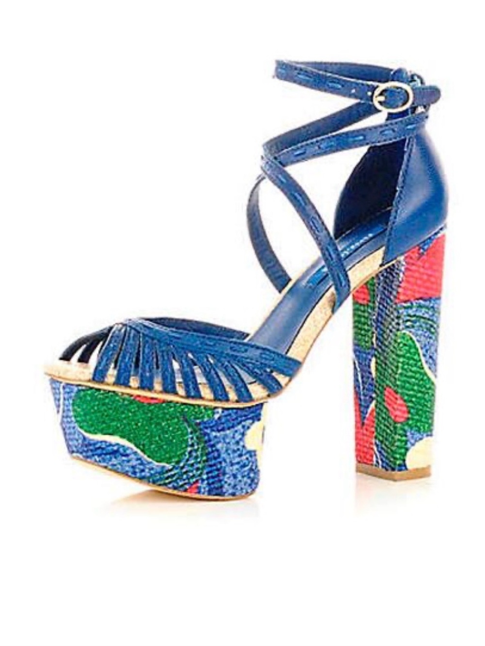 River Island Blue Strappy Platform Sandals with Multicolor Floral Heels sz 38